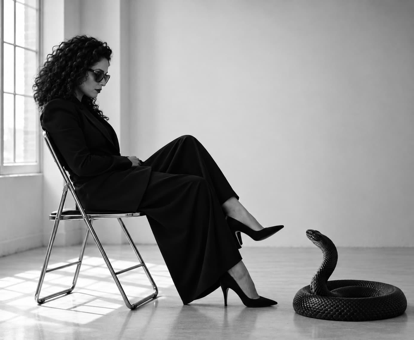 Florencia sentada en una silla plegable en un cuarto vacío y luminoso, frente a una cobra negra enroscada a sus pies.